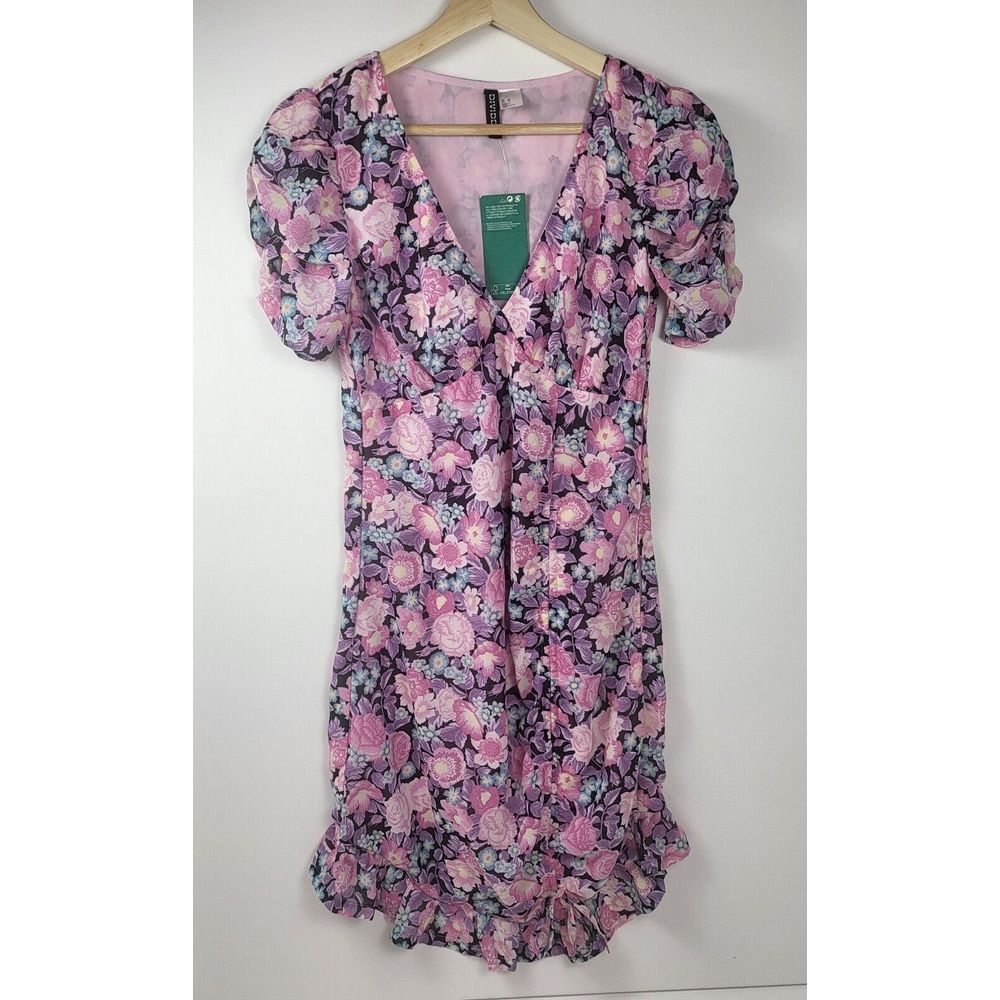 H&M Divided Floral Print Mini Dress V Neck Puff Sleeve Ruffle Hem Size‎ XSmall